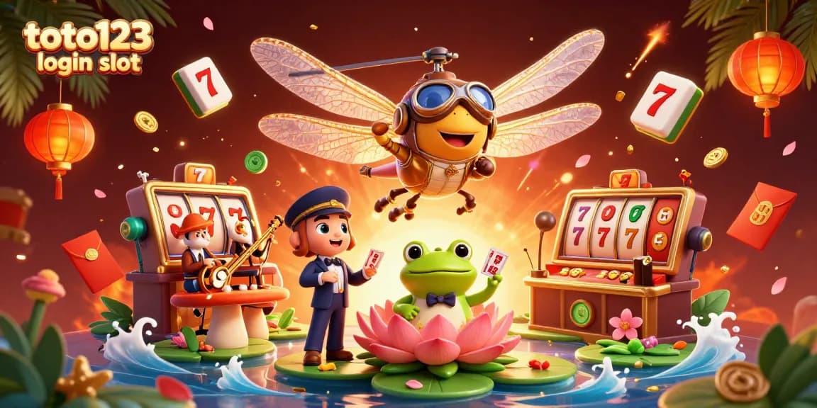 Spin to win with toto123 login slot in an engaging 3D casino scene full of vibrant characters.