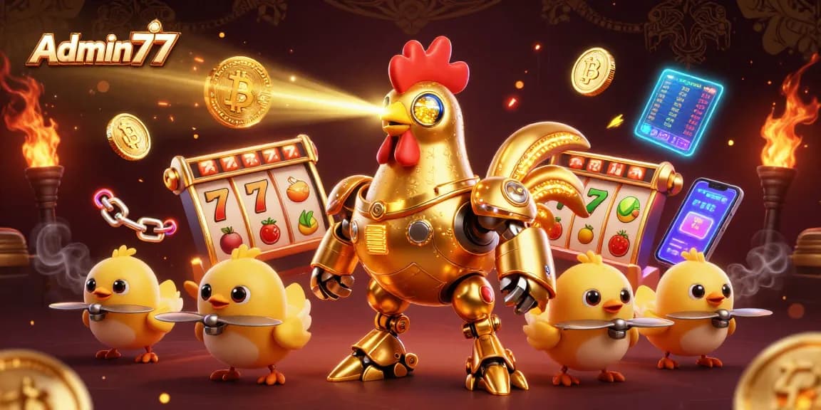 Play exciting games at Admin77 with golden rooster robot and crypto coins.
