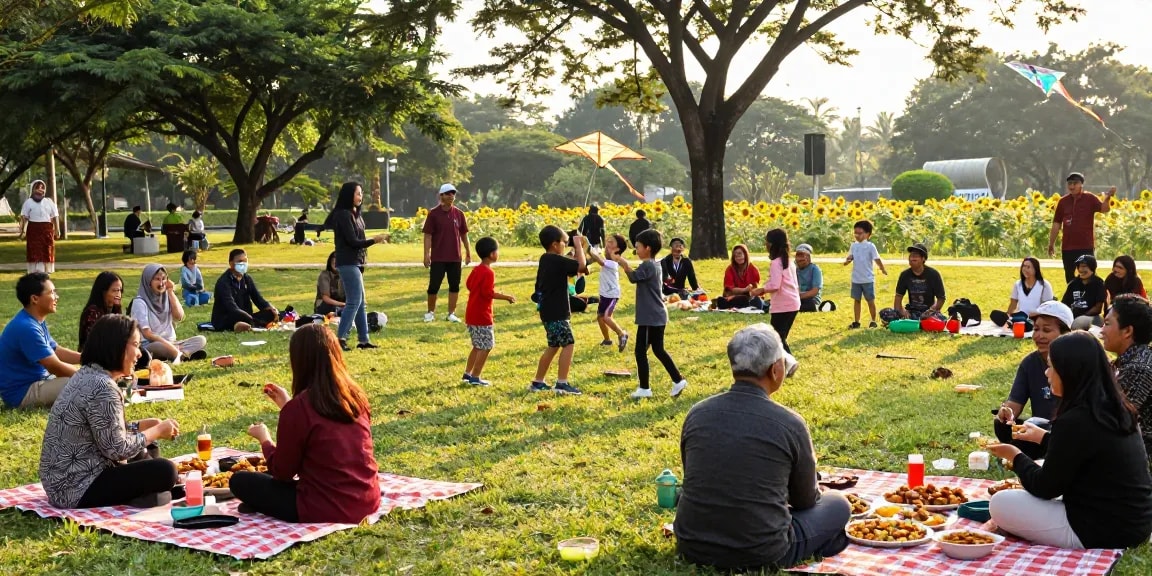 Acara komunitas di Taman dengan masyarakat menikmati makanan dan permainan, Leci123