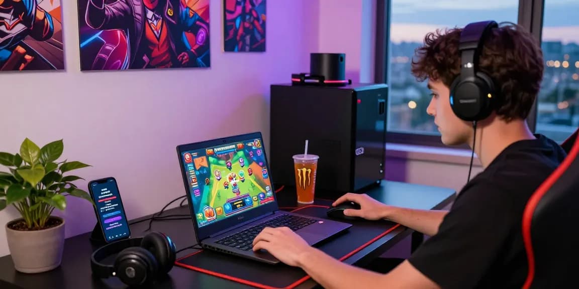 Engaged player on tempototo playing online lottery game in an energetic gaming setup.