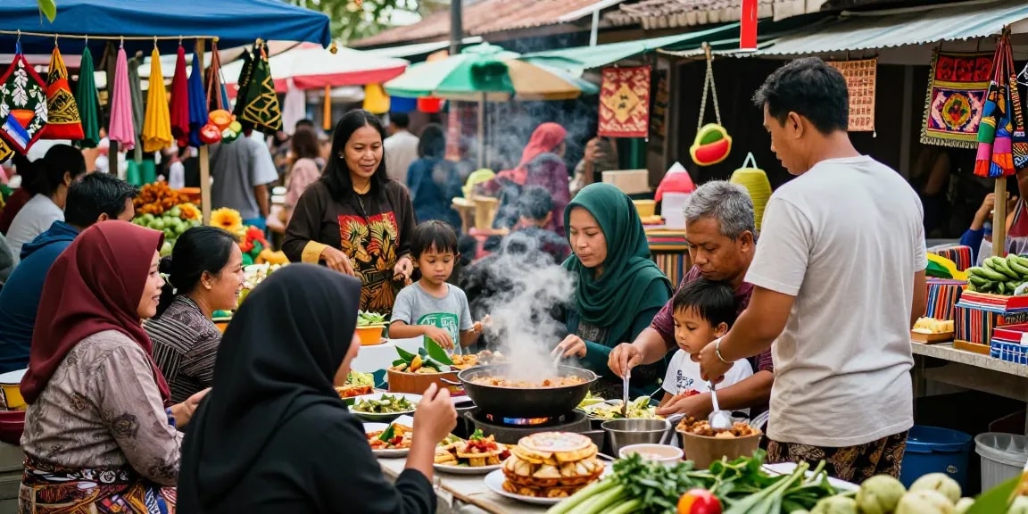 Acara komunitas di pasar lokal Indonesia dengan fokus pada Leci123 dan interaksi masyarakat.