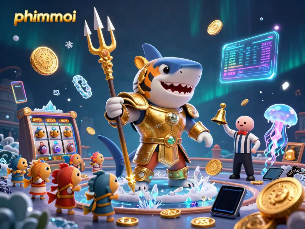 Engage in thrilling casino action with phimmoi-inspired underwater scene featuring a shark in gladiator armor, crypto elements, and vibrant visuals.