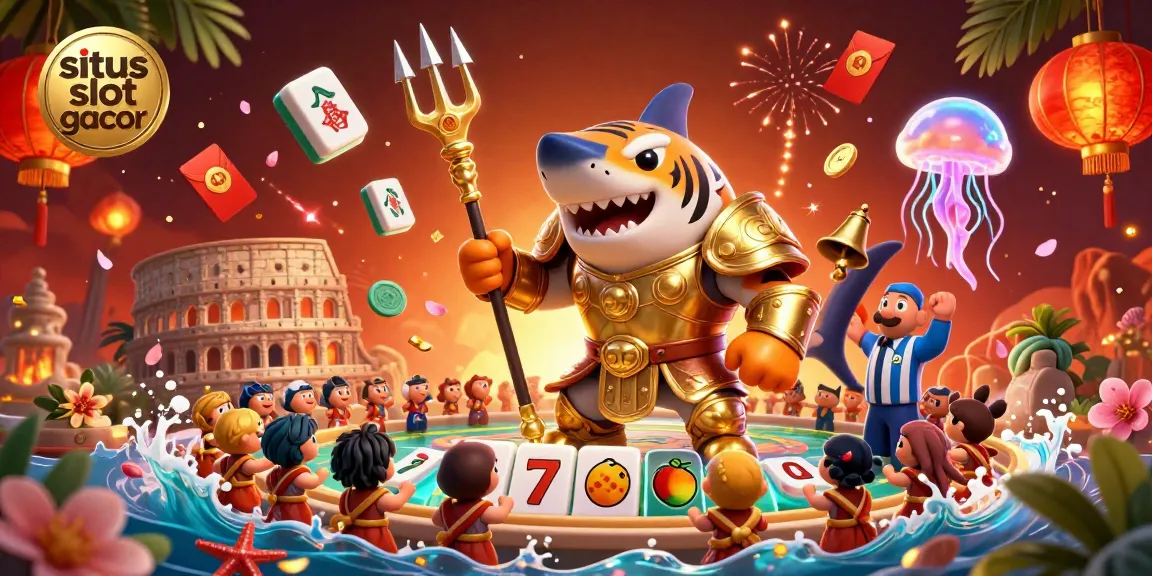Engage with the situs slot gacor casino scene featuring a golden shark and vibrant slot elements underwater.