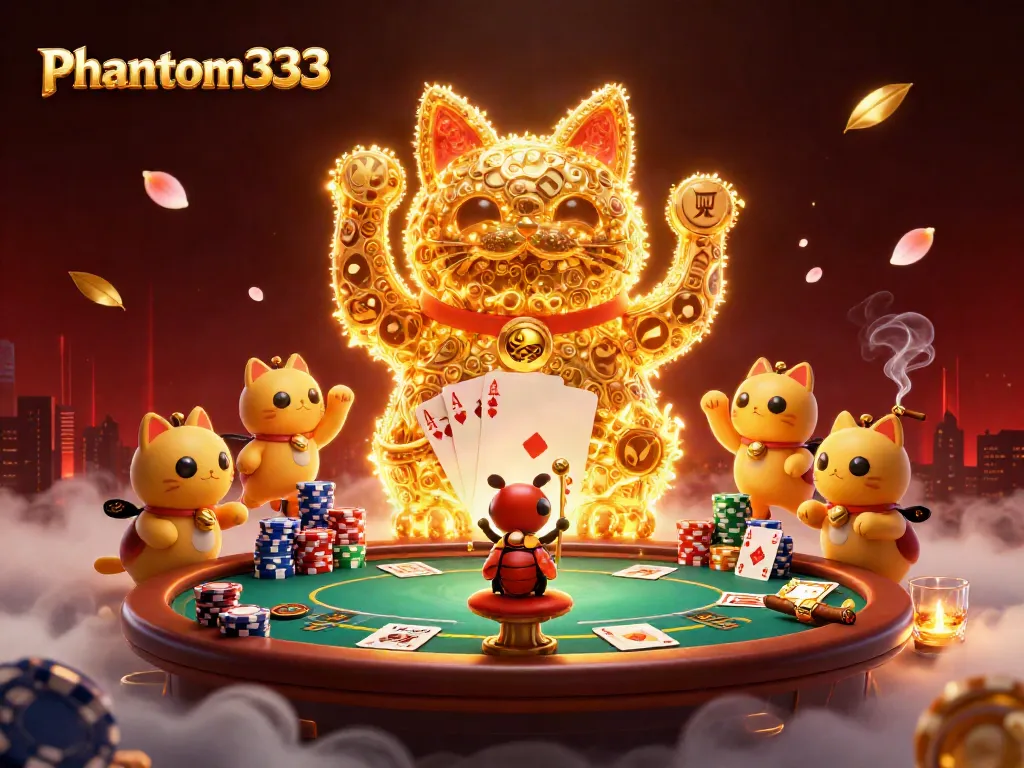 Engage with phantom333 in this vibrant casino scene featuring a giant lucky cat and poker elements.