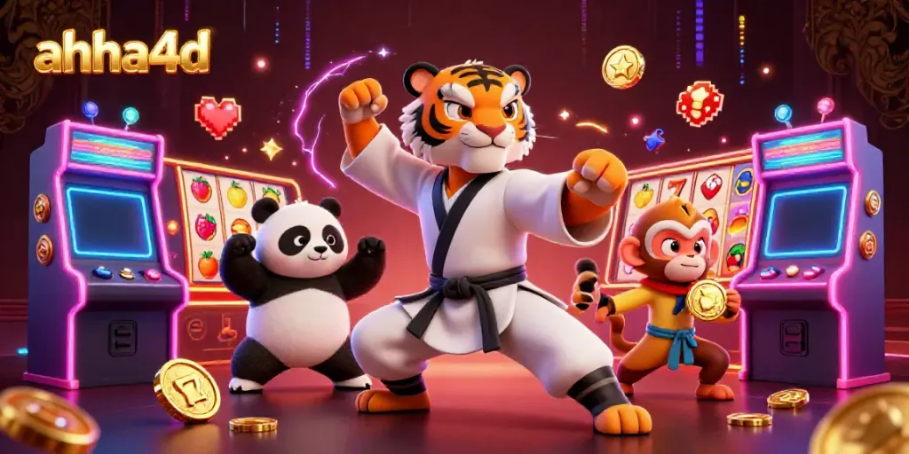 ahha4d menampilkan tigre kungfu dan panda dalam taruhan slot yang berwarna-warni, dengan simbol jackpot dan koin emas