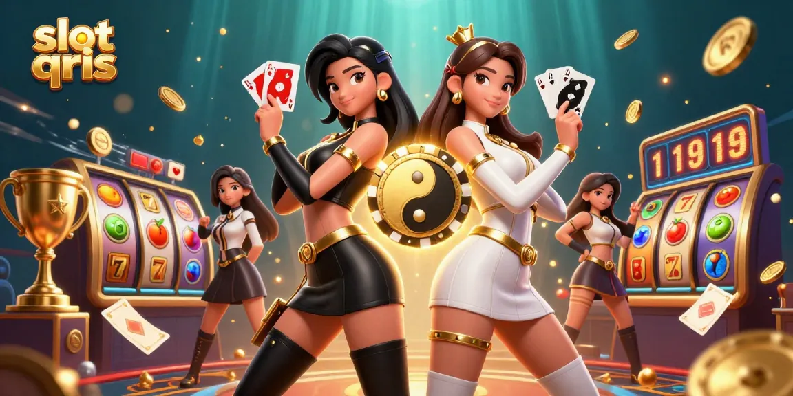 Rasakan sensasi kemenangan dengan slot QRIS di suasana kasino yang dinamis yang menampilkan dua wanita Asia kembar.