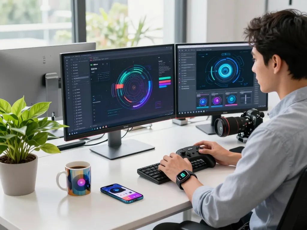 Innovative tech gadgets displayed in a modern workspace, including smart health watch and Bluetooth game controller, highlighting creativity.