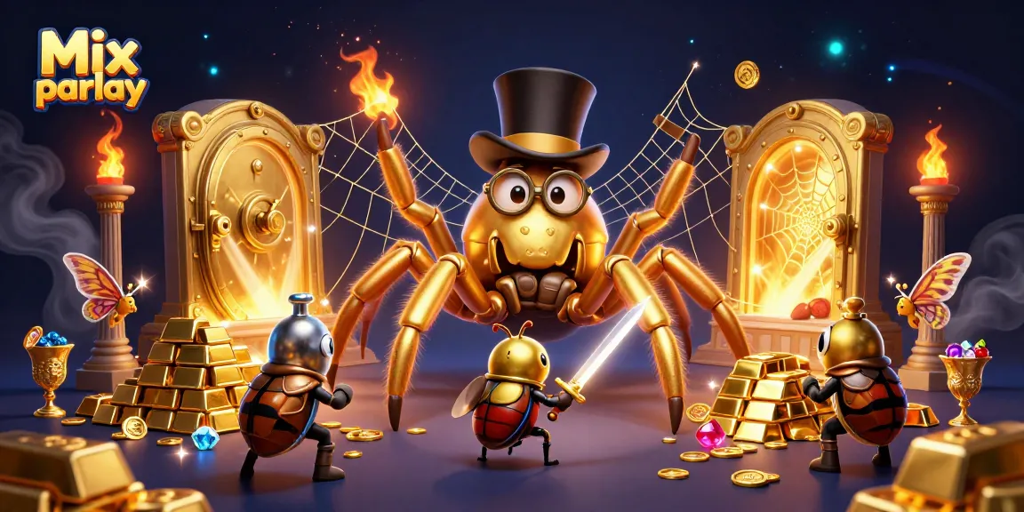 Engage in Mix parlay with a 3D casino scene showcasing lively characters and treasures.