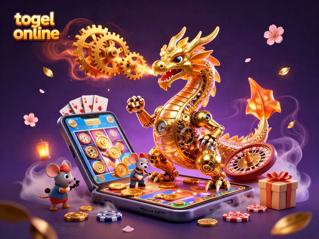 Engage with togel online gaming: A golden dragon and mouse engineer amidst vibrant slot symbols.