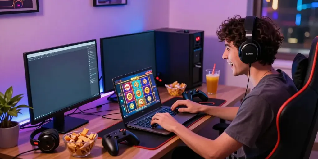 Pemain slot88 dengan semangat di ruang permainan nyaman penuh aksesoris gaming.
