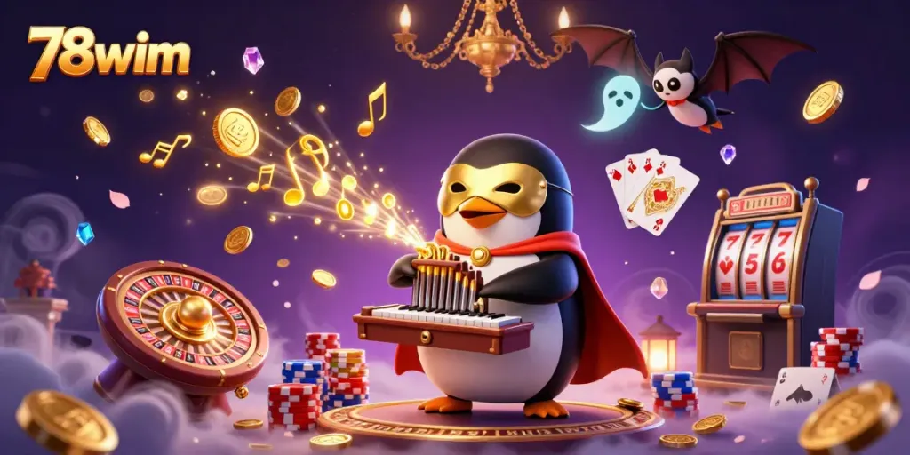 Experience thrilling moments with 78wim's vibrant 3D gambling illustration featuring a penguin playing and coins cascading.