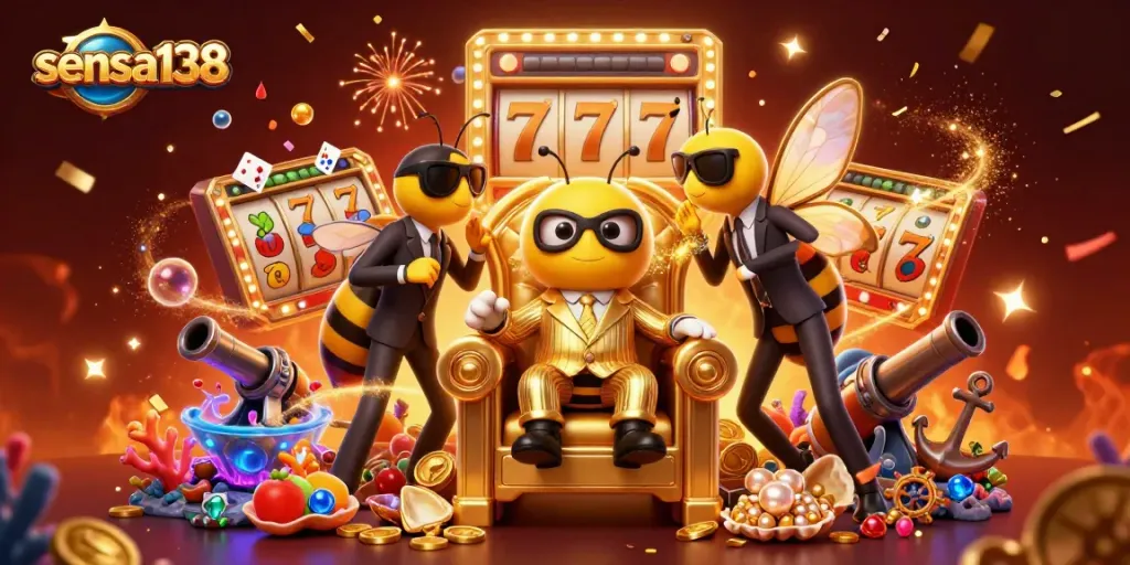 Sensa138 slot game scene featuring a bumblebee mob boss, lucky 7s, and vibrant decorations.