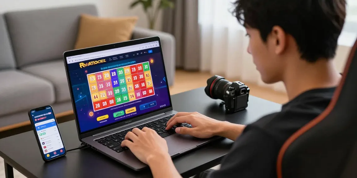 Menampilkan suasana pria bermain di situs togel online, RAJATOGEL, dengan laptop dan smartphone.