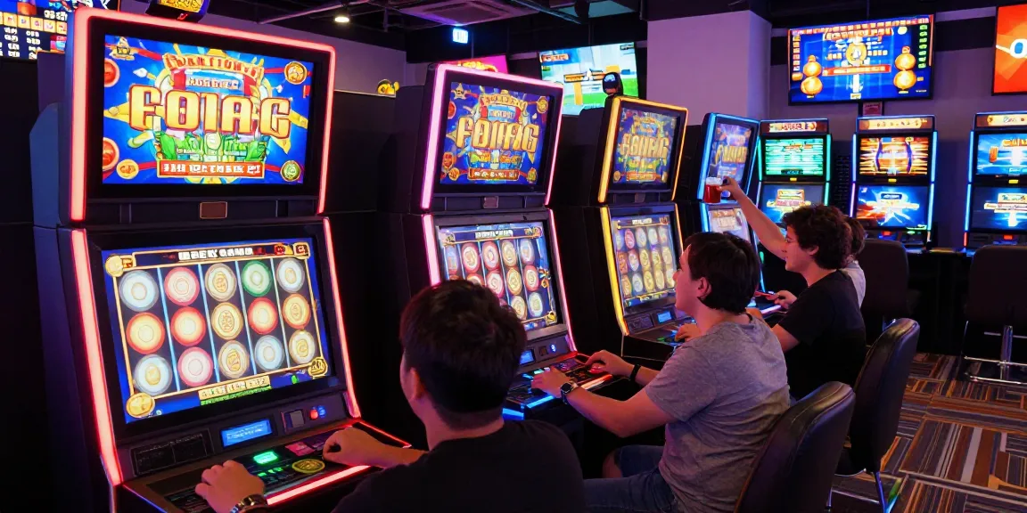 Exciting slot online gaming scene with players celebrating a jackpot win amidst vibrant neon lights.