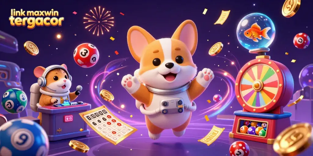 Play the fun lottery at link maxwin tergacor featuring a vibrant scene of a space casino in zero gravity.