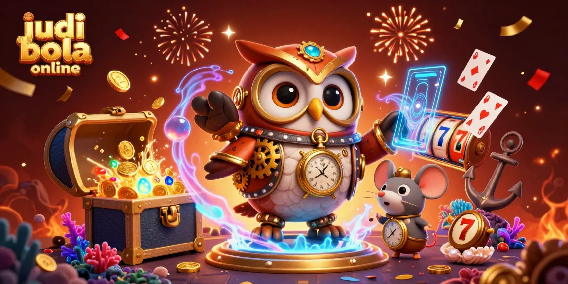 Engage with judi bola online featuring a dynamic scene of an owl and mouse amidst casino visuals and vibrant effects.