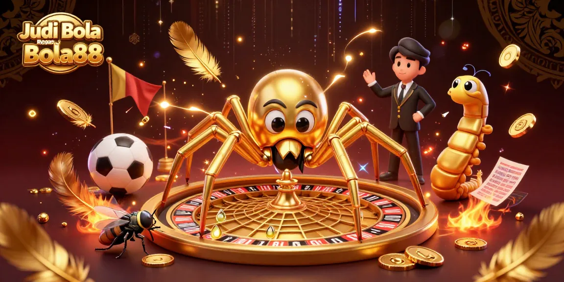 Engage in Judi Bola Resmi Bola88 with a dynamic scene of a betting fly and spider croupier amidst vibrant casino elements.