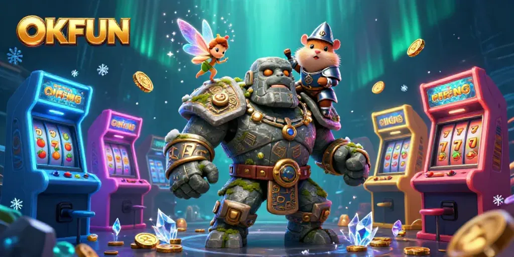 Engage with OKFUN's thrilling casino experience through a vibrant 3D illustration of fantasy characters amidst colorful slot machines.
