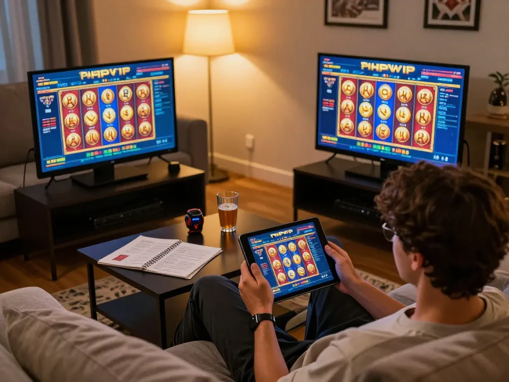 Engaged player experiencing PHPVIP online gaming on tablet in a cozy home setting.