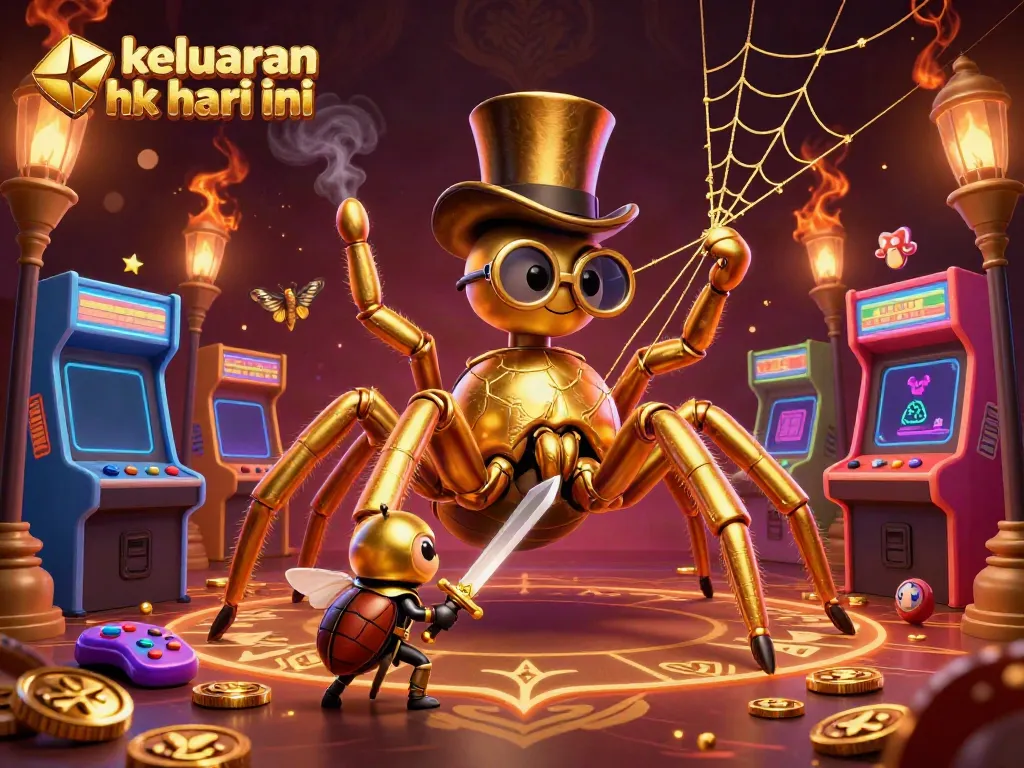 Keluaran hk hari ini diperlihatkan secara mengesankan dengan ilustrasi 3D yang menampilkan laba-laba emas dengan topi, ksatria kecil, dan elemen permainan lainnya.