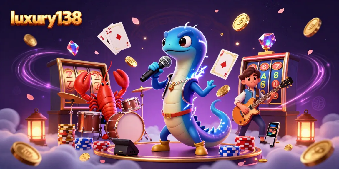 Engage with luxury138's vibrant casino games, showcasing jackpot reels and lively characters.