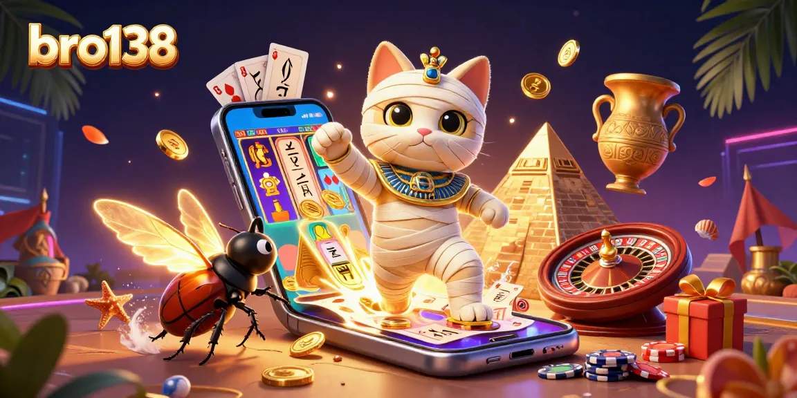 Experience the thrill of bro138 with a cartoon Egyptian mummy cat in a vibrant casino scene.