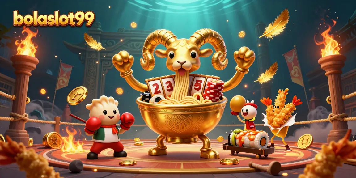 Engaging illustration of bolaslot99 featuring a giant golden ramen bowl dealing slot reels, showcasing vibrant casino elements.