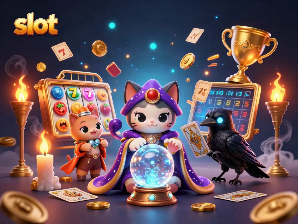 Slot yang menarik dengan karakter kucing mistik dan burung gagak, menemani permainan mesin slot yang penuh simbol.