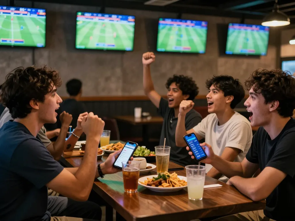 Kegembiraan taruhan situs bola di bar olahraga, pengunjung merayakan hasil pertandingan langsung