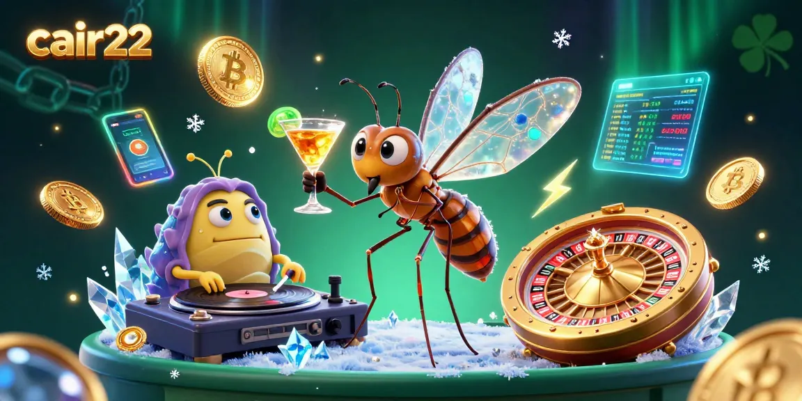 Cair22 platform showcasing a lively 3D cartoon scene with a mosquito mascot, trilobite DJ, and golden gaming elements.