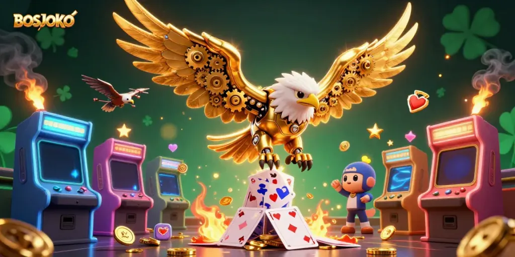 BOSJOKO showcases a dynamic 3D illustration of a cybernetic eagle amidst holographic cards, enhancing gaming excitement.