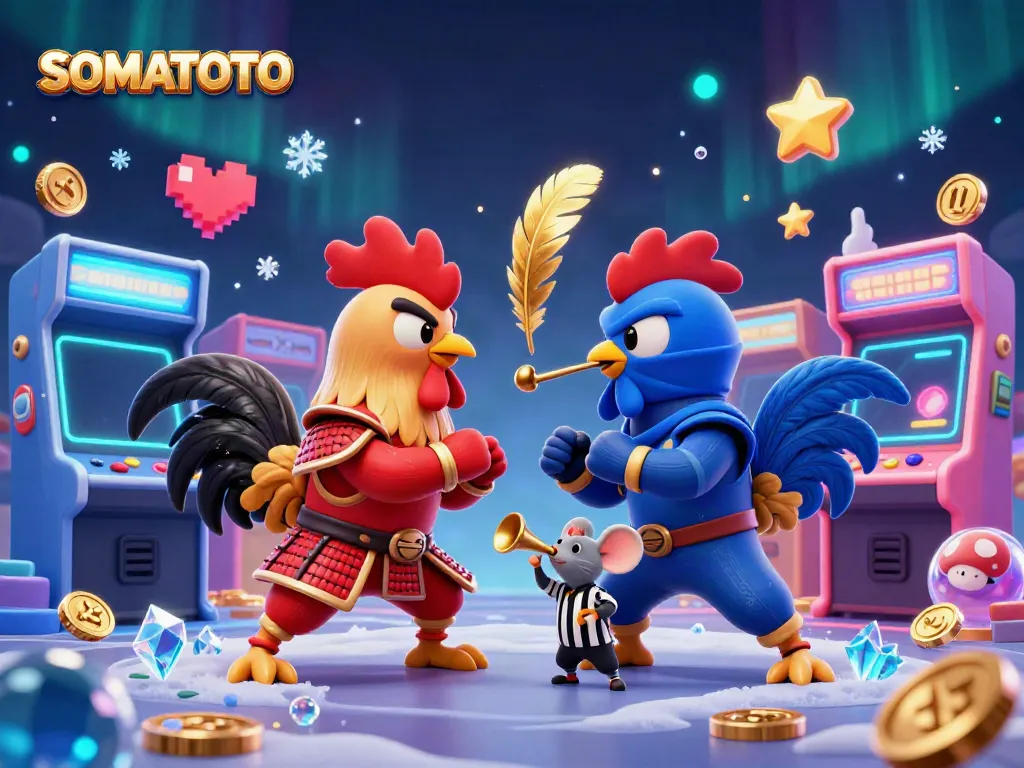 Engage with SOMATOTO's dynamic cartoon showdown featuring samurai and ninja roosters amidst colorful gaming elements.