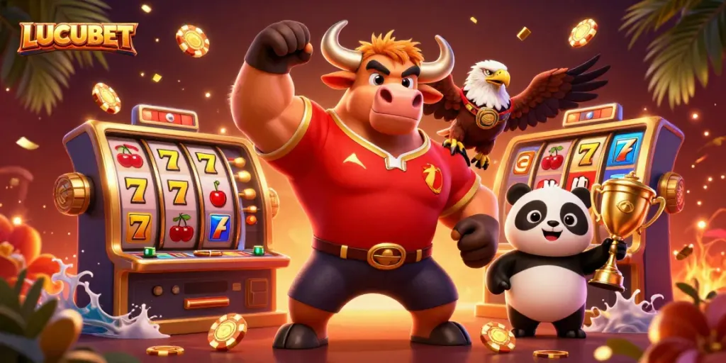 LUCUBET showcases vibrant characters celebrating winnings in a lively casino atmosphere filled with slot machines.