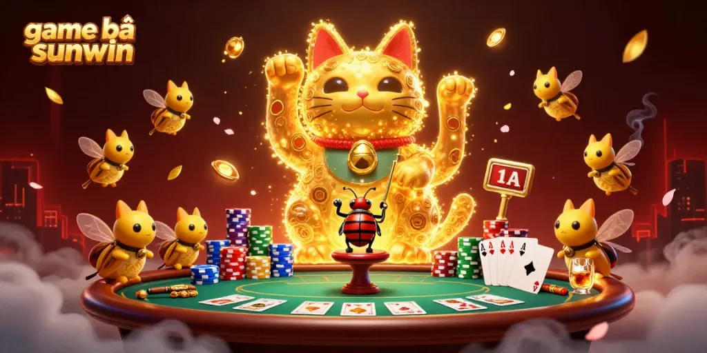 Catch the excitement of game bài sunwin with a lucky cat and vibrant casino elements in action.