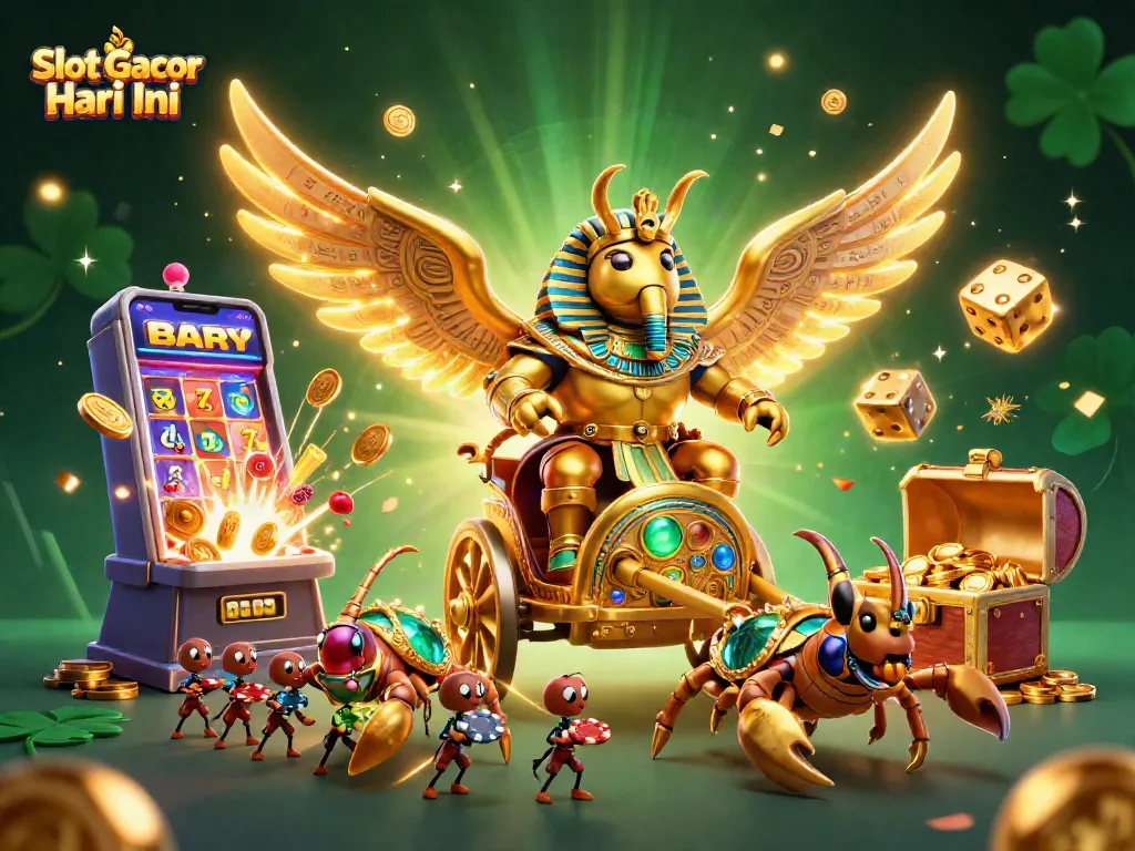 Slot Gacor Hari Ini menampilkan ilusi kasino megah dengan karakter unik dan elemen slot yang berkilau.