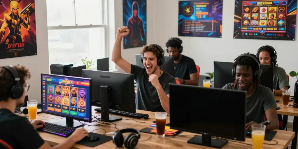 Excited gamers enjoying slot gacor games on devices in a lively home setup.