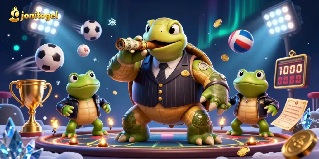 Experience the thrilling action with jonitogel's immersive 3D casino scene featuring unique characters and dynamic gaming elements.