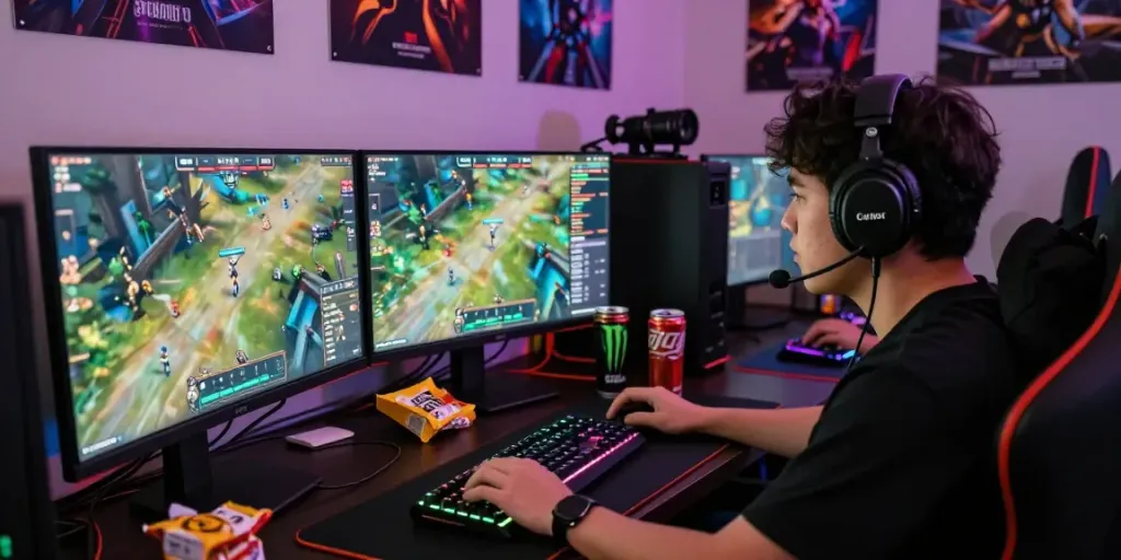 Permainan online Kediritoto dalam suasana dinamis dengan gamer berfokus penuh pada monitor.