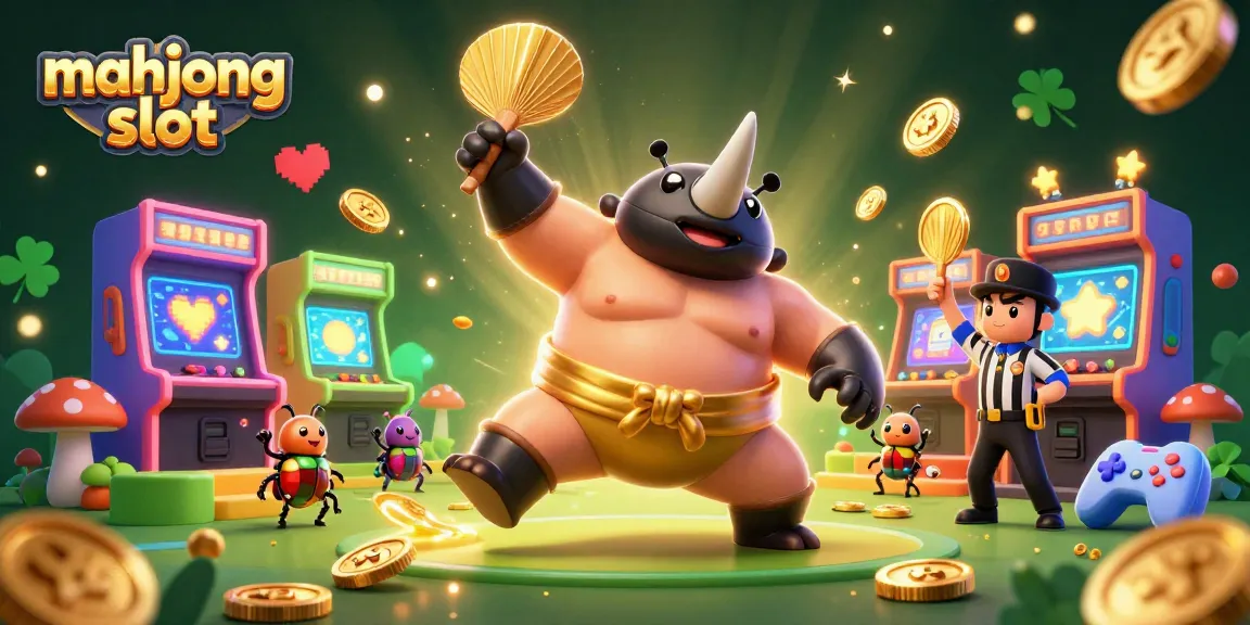 Experience the excitement of mahjong slot with a fun 3D sumo champion and vibrant casino elements.