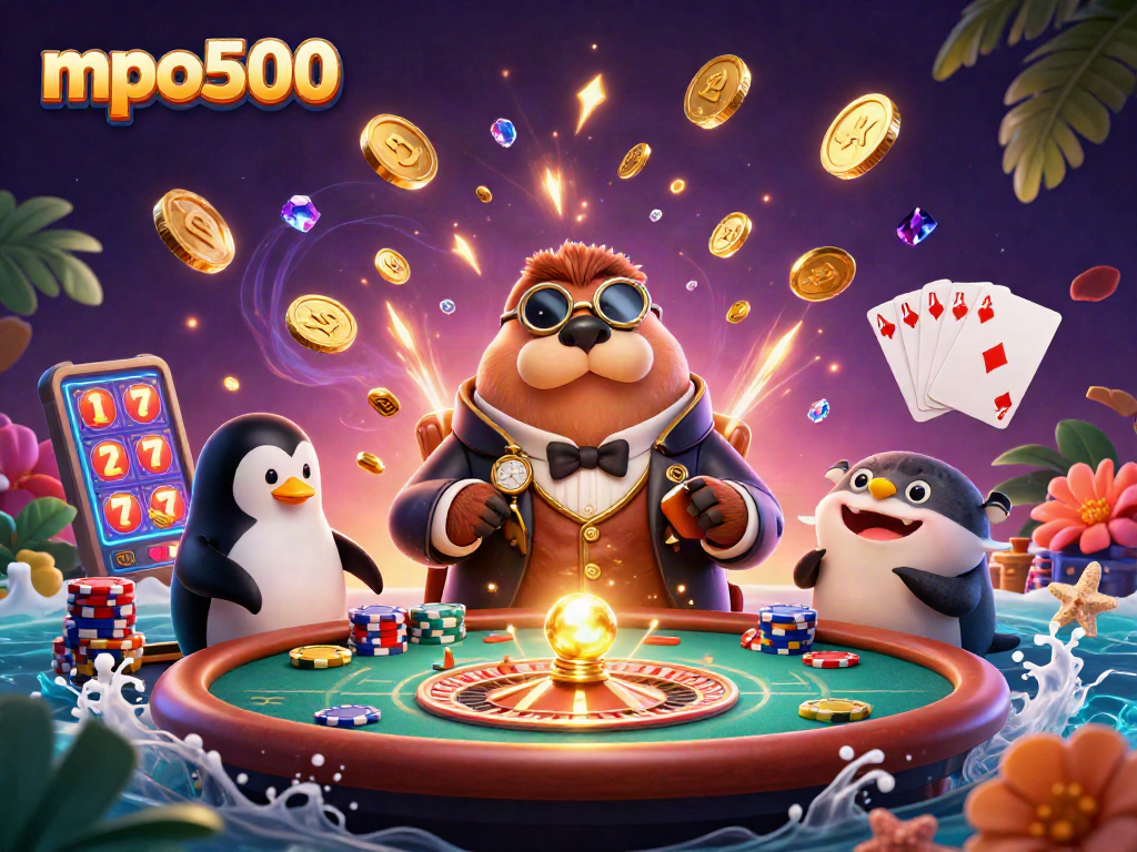 Permainan poker bawah laut dengan mpo500, walrus, penguin dealer, dan ikan puffer.