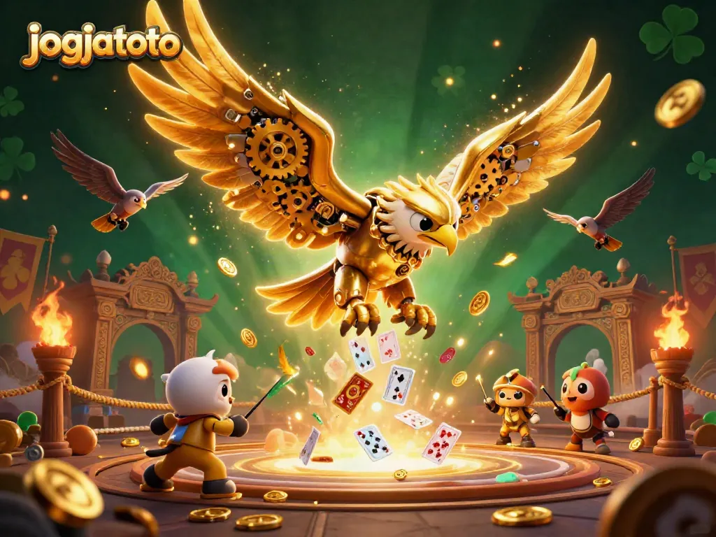 Experience the thrill of jogjatoto with cybernetic eagles diving through holographic cards in this vibrant casino scene.