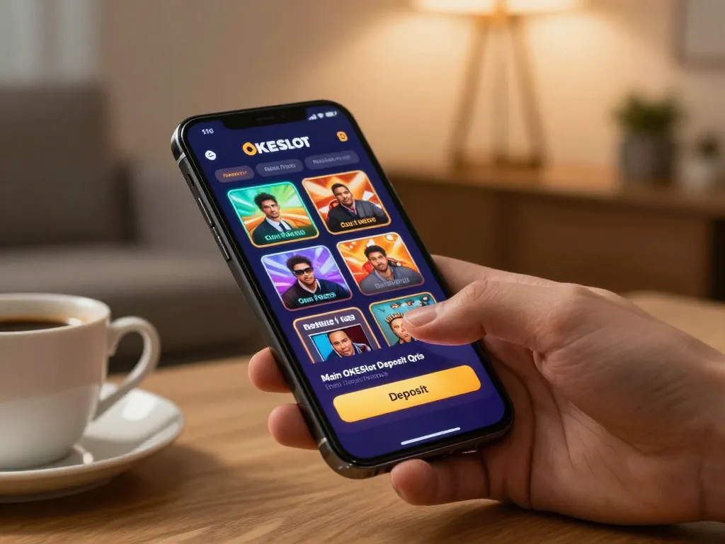Main OKESlot Deposit Qris Tanpa Potongan action on smartphone showcasing casino gaming interface.