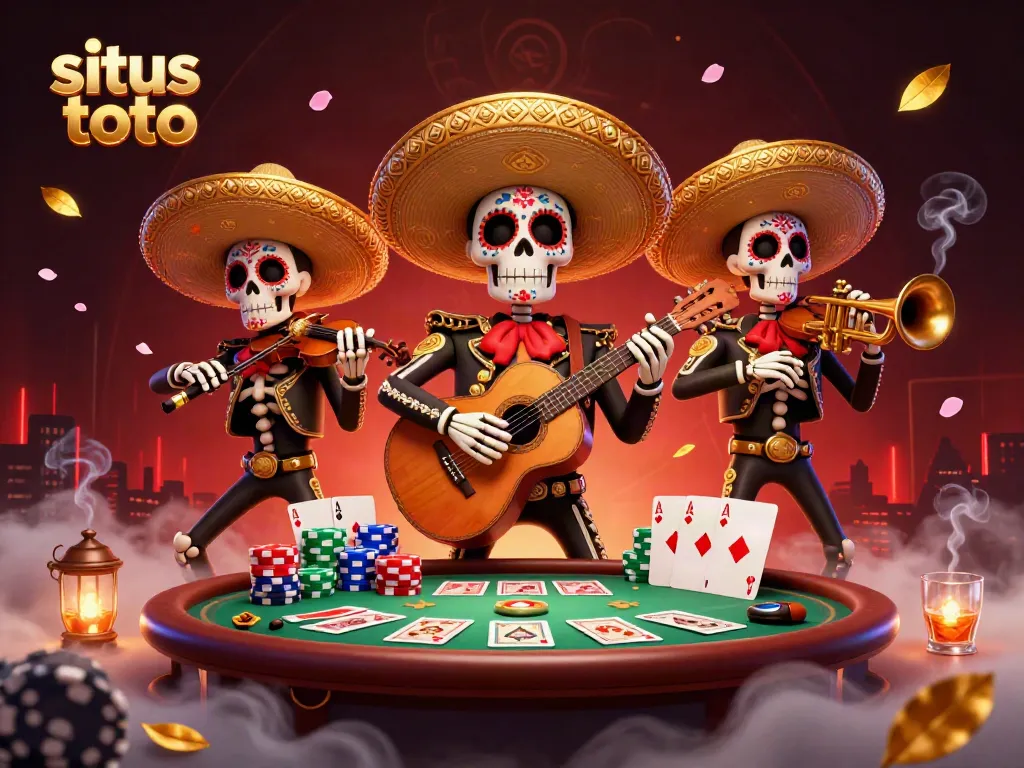 Engage in exciting poker games with situs toto as vibrant Day of the Dead skeleton mariachi members create a festive atmosphere.