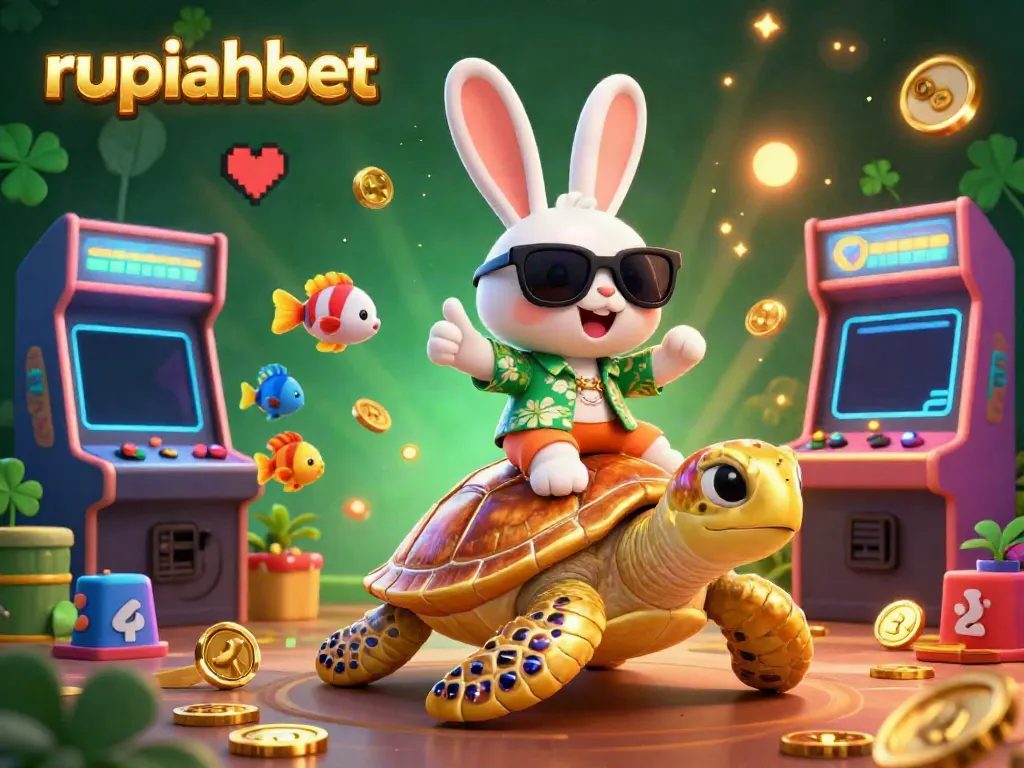 Engage in gaming fun with rupiahbet's vibrant casino scene featuring a lucky rabbit, sea turtle, and arcade game elements.