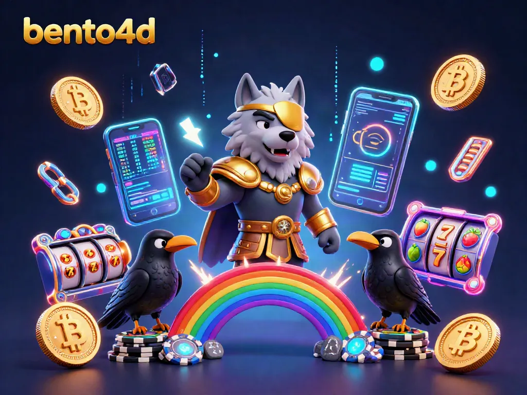 Bento4d showcases thrilling slot reels, energized by a mystical Odin wolf and ravens in a vibrant casino scene.