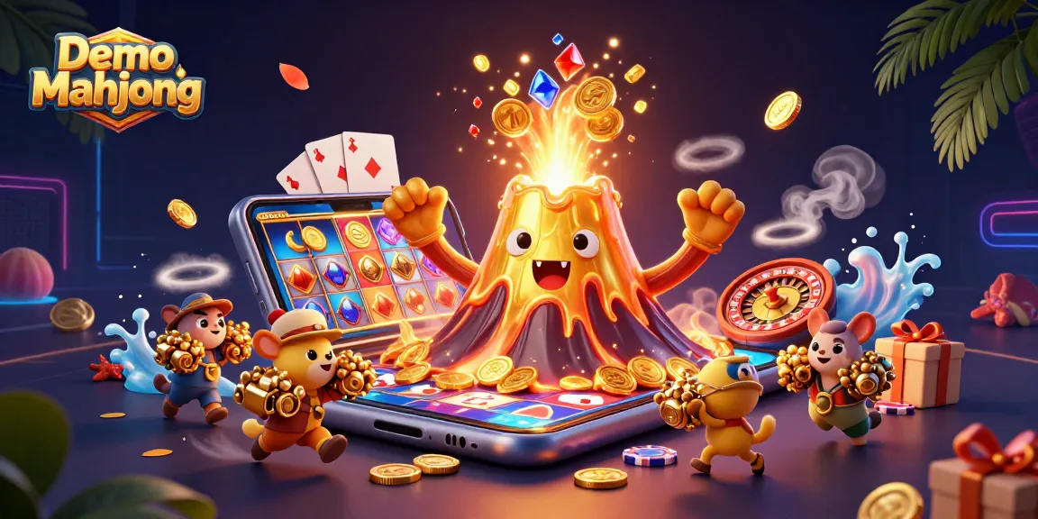 Experience Demo Mahjong excitement as a golden volcano erupts with coins, surrounded by dynamic casino elements.