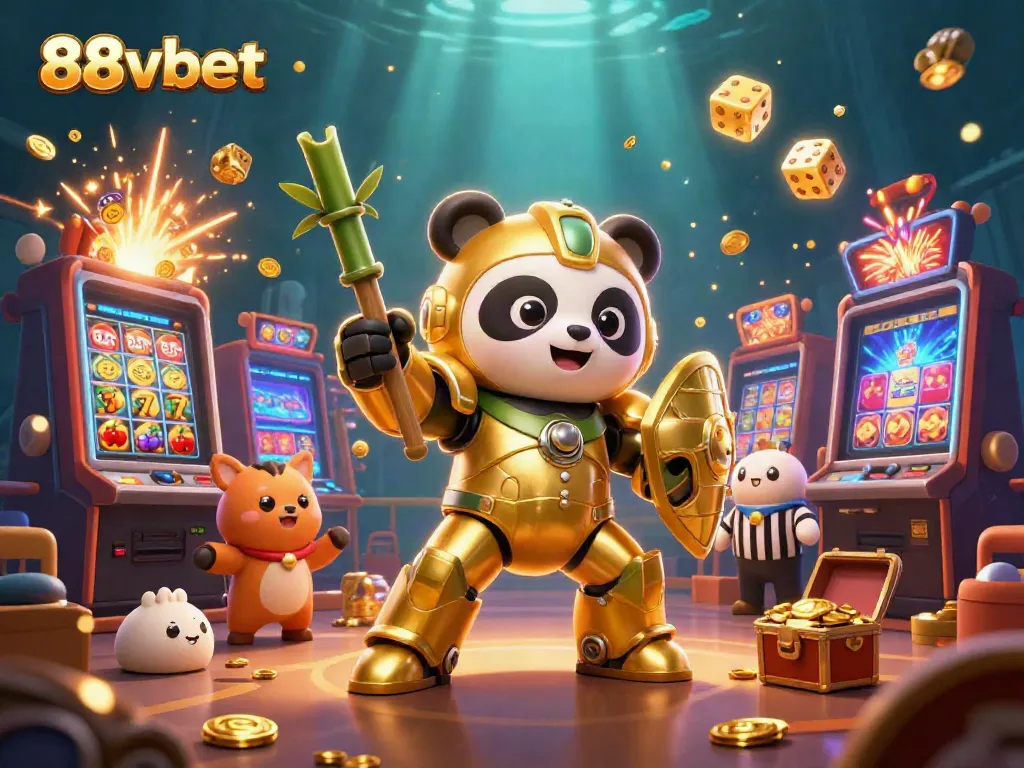 Experience the excitement of 88vbet with a dynamic 3D scene of a golden panda piloting a robot amidst casino elements.