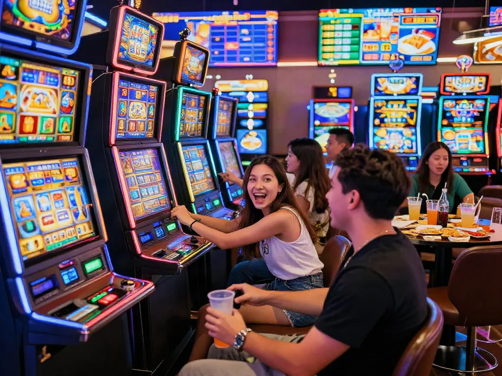 Pengunjung bermain mesin pecah25 slot di kasino yang ramai, dikelilingi oleh lampu berwarna dan suasana gembira