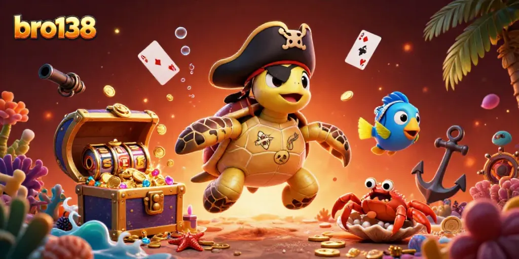 Experience the thrills of bro138 with a vibrant underwater casino scene featuring a pirate turtle and treasures.