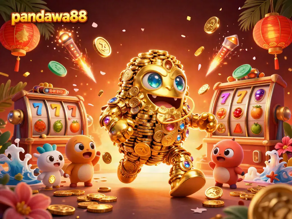 Gambarlah pandawa88 saat memainkan jackpot slot dengan koin emas berputar dan simbol menarik.